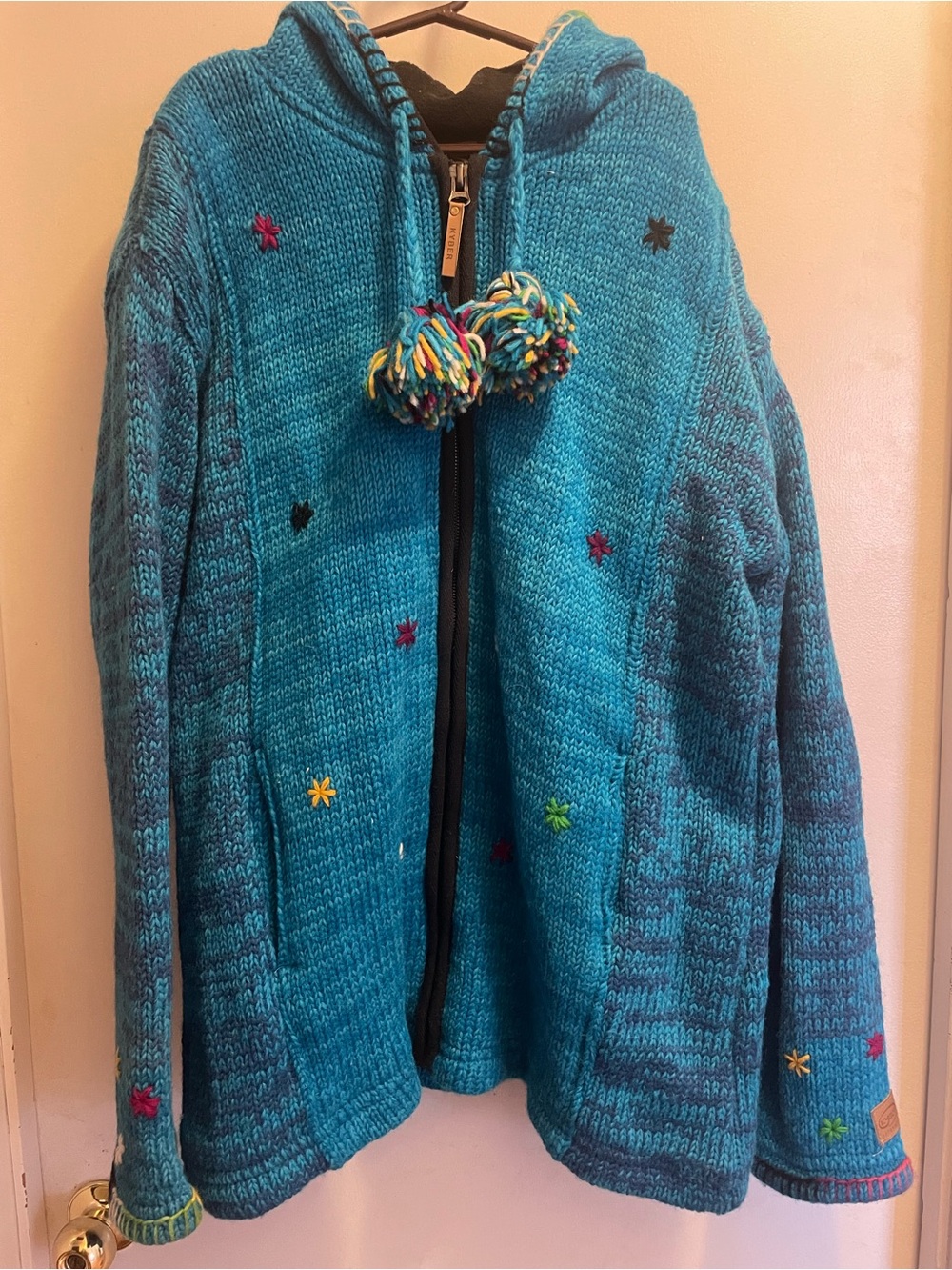 Kyber Outerwear Blue Wool Zip Hoodie with Pom-Pom Tassels new without tag